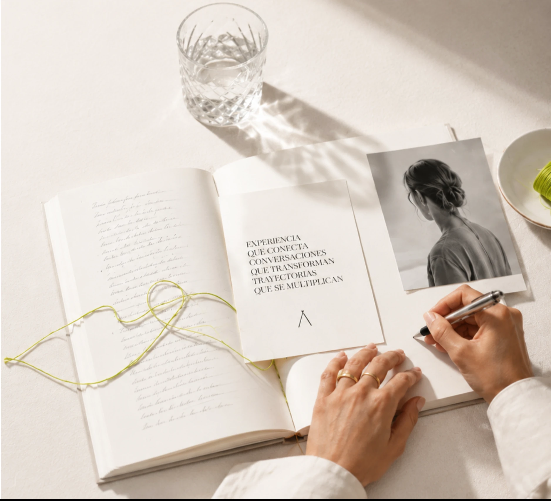 Mesa de trabajo con cuadernos, fotografías e hilo verde